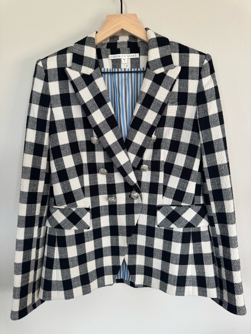 Veronica Beard Miller Dickey Blazer Gingham Linen Blend Double Breasted Size 10